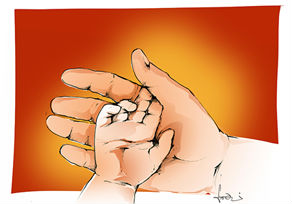 Illustration einer Hand von einer erwachsenen Person, die eine Kinderhand in sich bettet.