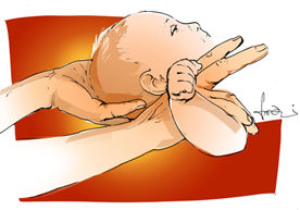 Illustration eines Säuglings. Das Köpfchen ist in die Hand der Osteopathin eingebettet, mit der anderen Hand greift sie zur Schulter des Babys